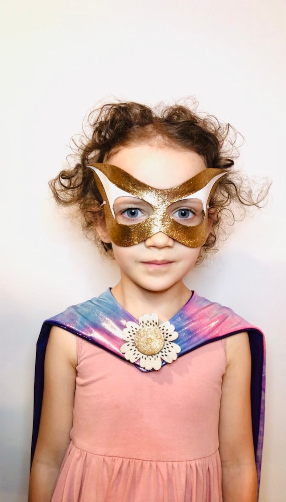 Superhero Gold Glitter Mask - Leather Mask - Costume - Cosplay - Dress Up -  Pretend - Make Believe - Halloween - Purim - Kids - White