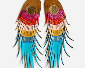 LONG Sun Tribal with Rainbow colors on amber leather - Feather Earrings - Leather Feather - 6.25” long - Tan suede - Statement - Bohemian