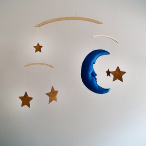 The Man In the Moon Mobile Midnight Blue Moon with Gold Stars Baby Mobile Handmade Mobile Nursery Mobile Moon & Stars Mobile image 3