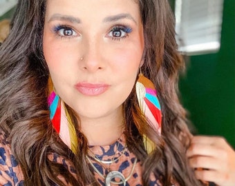 Modern Sunset LONG Feather Earrings - Leather Feather Jewelry - 6.25” Tan Suede with red, pink, yellow, turquoise and fuchsia