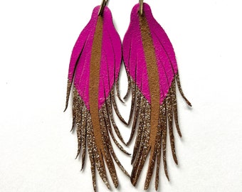 Fuchsia/Gold Glitter Feather Earrings - Gift - 4.5” SHORT - sister - friend - mother - partner - teacher - girlfriend - under 40