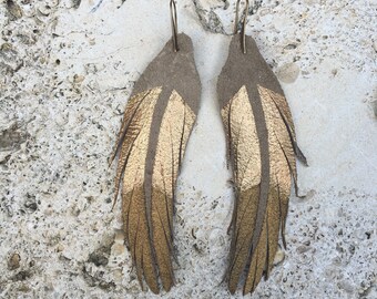 Short Feather Earrings - 4.5" Taupe Suede with Gold Paint