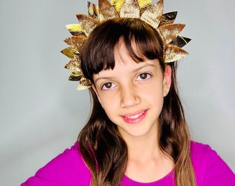 Unique Glitter Gold Leather Headdress on a headband - Mardi Gras - Halloween - Purim - Costume - Crown - Wedding - Handmade