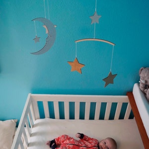 Moon & Stars Mobile Silver and Gold Baby Mobile Wooden Mobile Nursery Mobile image 4