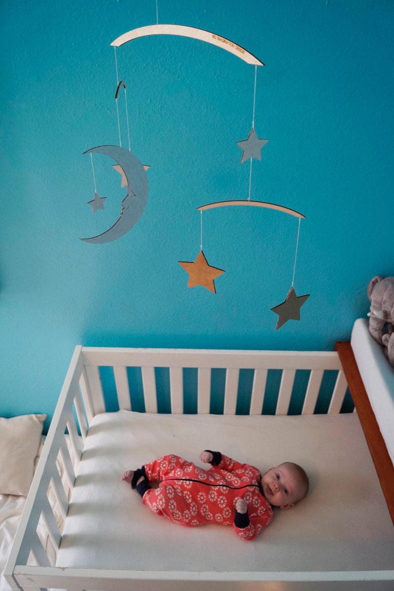 Moon & Stars Mobile Silver and Gold Baby Mobile Wooden Mobile Nursery Mobile image 4