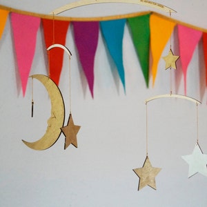 Moon & Stars Mobile Silver and Gold Baby Mobile Wooden Mobile Nursery Mobile image 1