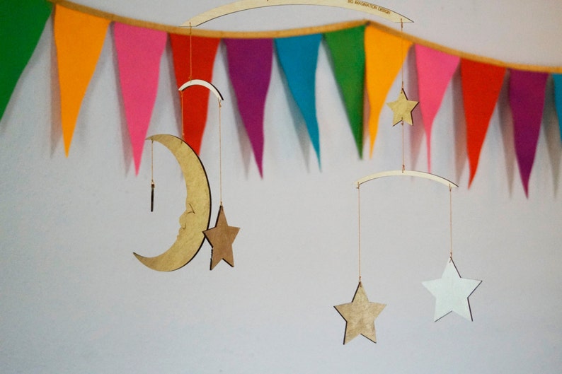 Moon & Stars Mobile Silver and Gold Baby Mobile Wooden Mobile Nursery Mobile image 1