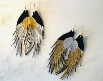 Modern Sunset - SHORT Leather Feather Earrings - 4.5” - Statement Earrings - Bohemian Earrings - Glitter