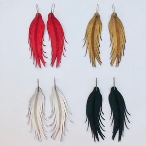 Short solid on solid feather earrings - 4.5&quot; leather feather earrings - Red -  Black - White - Bronze