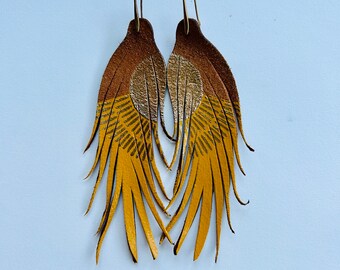 Sun Tribal with gold and mustard yellow on tan leather - Feather Earrings - SHORT - 4.5”