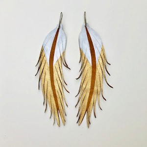LONG Feather Earrings - Leather Feather Jewelry - 6.25&quot; Tan Suede with White & Gold Paint - Jen Hatmaker