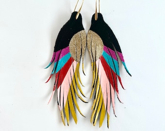 Modern Sunset - SHORT Leather Feather Earrings - 4.5” - Statement Earrings - Bohemian Earrings - Rainbow on black suede