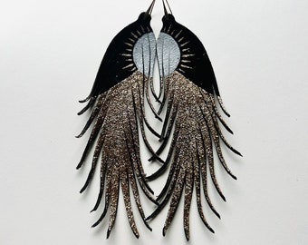 LONG Twilight feather earrings - black suede with gold paint and gold glitter - LONG 6.25"