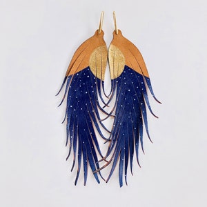 Modern Moon with Stars - LONG Feather Earrings - Leather Feather Jewelry - 6.25” Tan Suede with gold, white and navy
