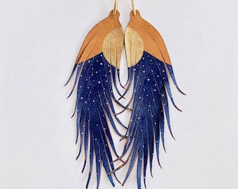 Modern Moon with Stars - LONG Feather Earrings - Leather Feather Jewelry - 6.25” Tan Suede with gold, white and navy