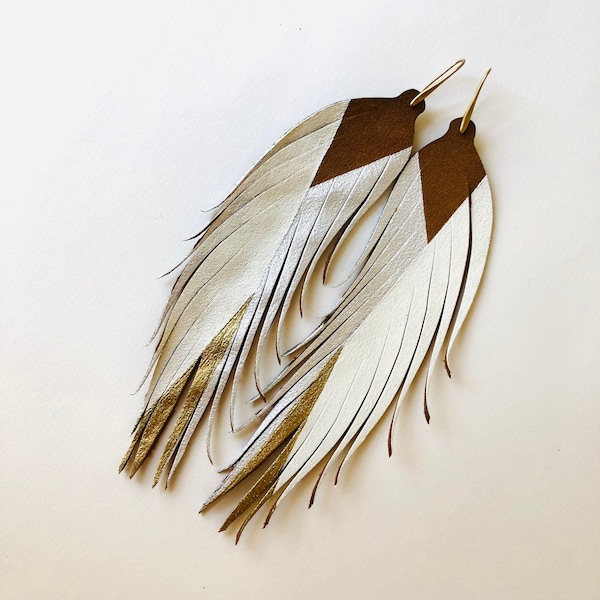 Modern Gold and White - LONG Leather Feather Earrings - 6.25” - Statement Earrings - Bohemian Earrings Active