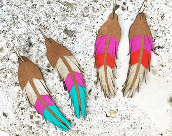 Short Feather Earrings - Leather Feather Earrings - 4.5" Amber Suede with Fuchsia, Red and Gold or Gold, Fuchsia and Turquoise
