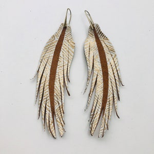 White + gold Tribal painted Feather Earrings - SHORT 4.5&quot; Amber Suede