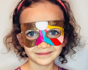 Rainbow Superhero Gold Glitter Mask - Leather - Costume - Cosplay - Dress Up - Pretend - Make Believe - Halloween - Purim - Kids
