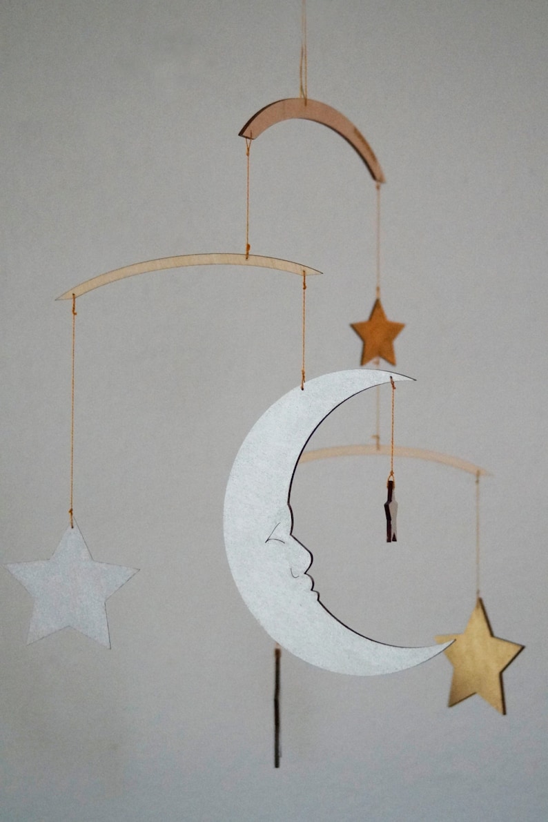 Moon & Stars Mobile Silver and Gold Baby Mobile Wooden Mobile Nursery Mobile image 3