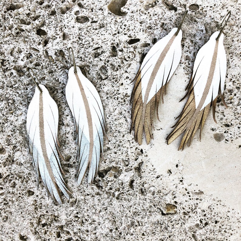 SHORT Leather feather earrings silver feather earrings soft gold leather feather earrings leather earrings lightweight dangle earrings