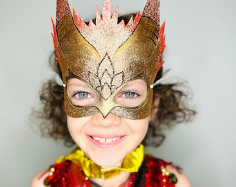 Gold Phoenix mask with hints of red - Glitter - Costume - Halloween - Purim - Dress Up - Mardi Gras - Carnival