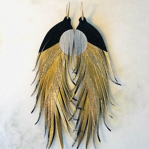 Modern Sunset - LONG Leather Feather Earrings - 6.25” - Statement Earrings - Bohemian Earrings - Gold Glitter