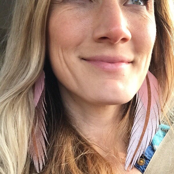 LONG Feather Earrings - Leather Feather Jewelry - 6.25" Amber Suede with Rose Gold & Pale Pink Paint