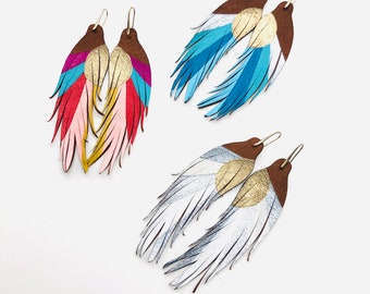 Modern Sunset - Short Feather Earrings - Leather Feather Earrings - 4.5" Amber Suede with Red, Pink, Yellow, Turquoise, Fuchsia, Gold