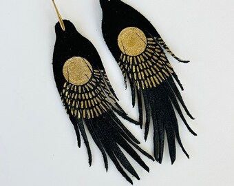 Sun Tribal with gold and black paint on black leather - Feather Earrings - SHORT - 4.5”