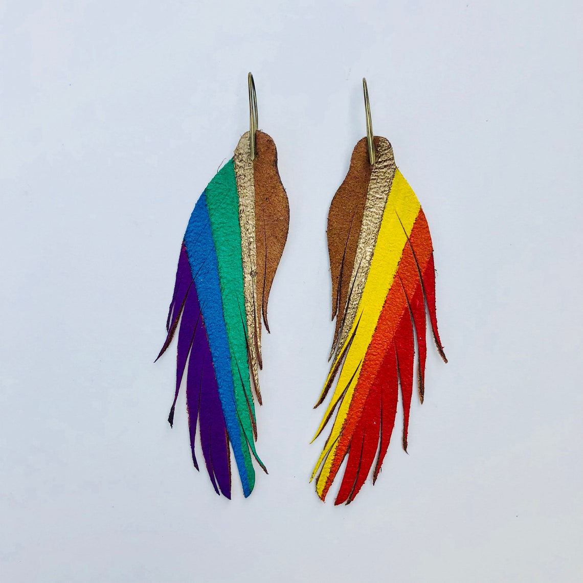 Rainbow Feather Earrings Leather Feather Earrings Etsy