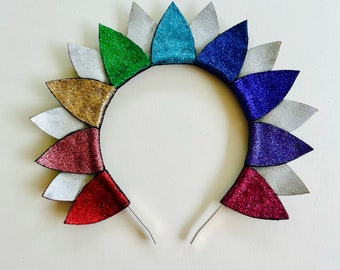 Unique Glitter Rainbow Leather Headdress on a headband - Mardi Gras - Halloween - Purim - Costume - Crown - Wedding - Handmade
