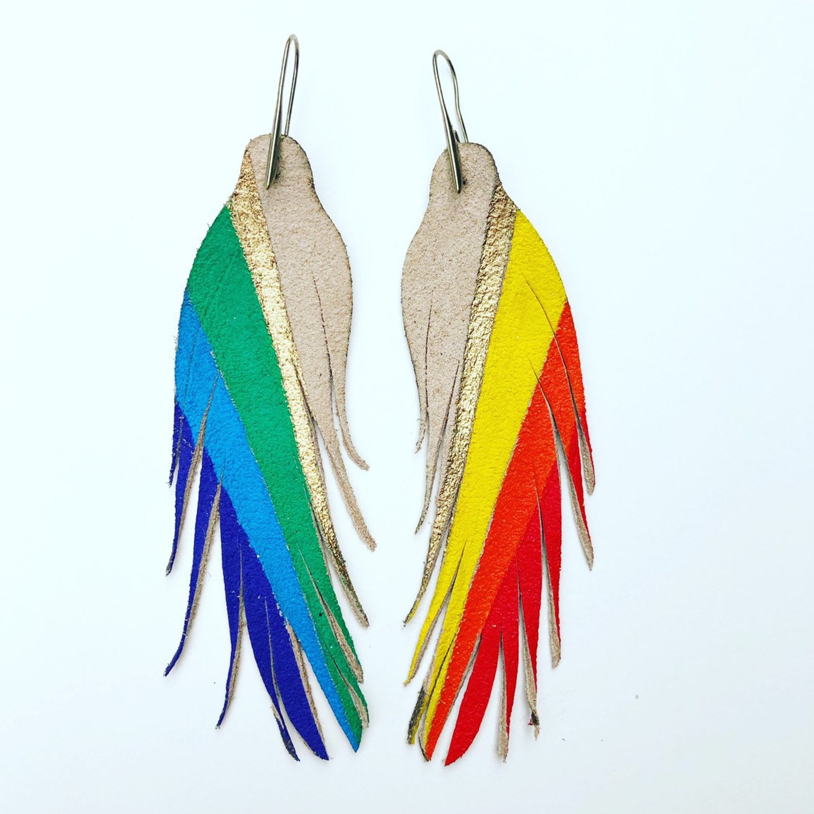 Rainbow Feather Earrings Leather Feather Earrings Etsy