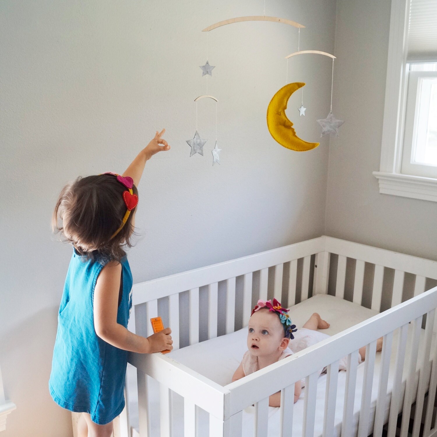 The Man in The Moon Mobile - Yellow Ochre With Silver Leather Stars Baby Handmade Nursery Lune Étoil