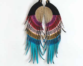 LONG Sun Tribal with Rainbow colors on black leather - Feather Earrings - Leather Feather - 6.25” long - Tan suede - Statement - Bohemian