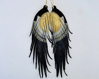 LONG Gold Sun Tribal with light grey, medium grey and black paint on leather - 6.25” long - Feather Earrings - suede -  Statement - Bohemian