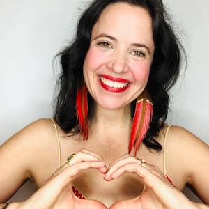 LONG Amber Suede with Red & Gold Paint - Feather Earrings - 6.25"