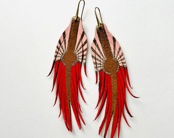 Sunrise Red and Pink Feather Earrings - Gift - 4.5” SHORT - sister - friend - mother - partner - teacher - girlfriend - bridesmaid - wife