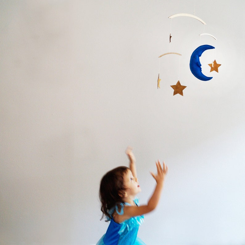 The Man In the Moon Mobile Midnight Blue Moon with Gold Stars Baby Mobile Handmade Mobile Nursery Mobile Moon & Stars Mobile image 1