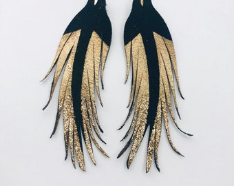 Gold glitter + gold paint on black suede feather earrings - SHORT 4.5"