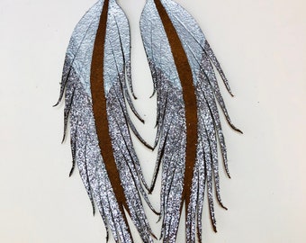 LONG Amber Suede with Glitter Silver & Silver Paint - Feather Earrings - 6.25"