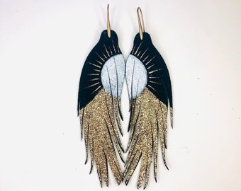 SHORT Eclipse feather earrings - 4.5" gold sparkle on black leather - feather earrings