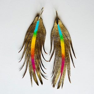 Gold with center RAINBOW Feather Earrings - SHORT - 4.5”