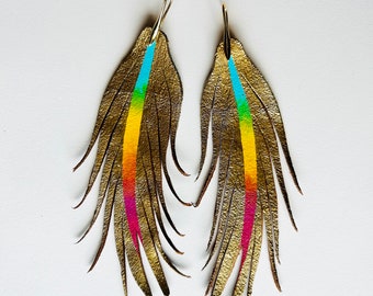 Gold with center RAINBOW Feather Earrings - SHORT - 4.5”