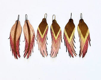 Short Feather Earrings - Leather Feather Earrings - 4.5" Amber Suede with Rose Gold, Pink Glitter and Gold