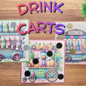 May include: Four illustrated drink cart designs with the word "DRINK CARTS" above. The carts feature colorful beverages, fruits, and desserts. Each cart has a different theme, including bubble tea, juice, and magical potions.