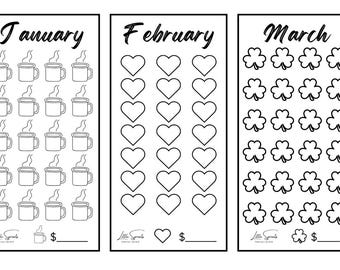 May include: Black and white printable tracker with three sections: January, February, and March. Each section has a different icon: a coffee cup, a heart, and a shamrock. The tracker is designed for goal setting and habit tracking.