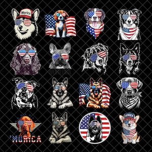 Paquete PNG de perro patriótico, perro con gafas de sol y bandera estadounidense del 4 de julio, sublimación de cachorro estadounidense divertido, PNG de mascotas americanas