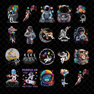 Paquete de astronautas (PNG), diseño de sublimación, dibujos animados del espacio (PNG), planetas coloridos (PNG), diseño de camiseta, sudadera (PNG), descarga digital (PNG)