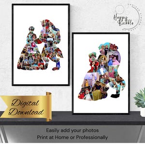 May include: Two framed art prints featuring silhouettes filled with photos. One depicts a couple, the other a single figure. The prints are in black frames, with the words "Digital Download" on a gold banner. Text reads "Easily add your photos, Print at Home or Professionally."